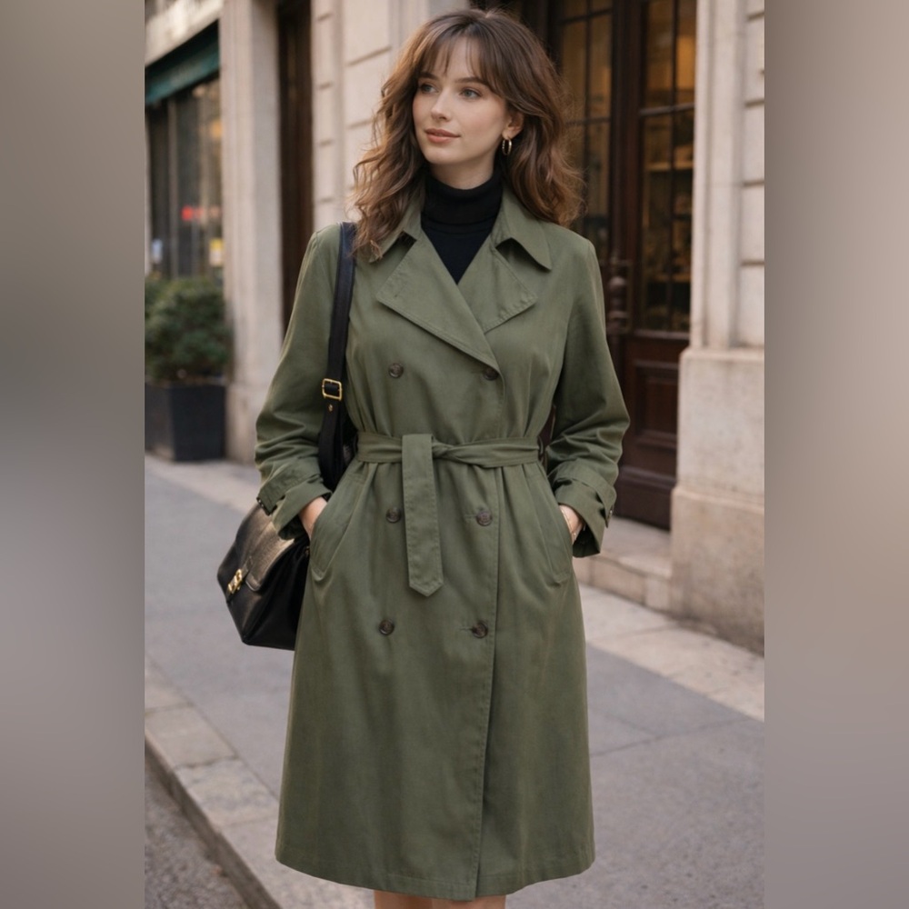 *Vintage 80’s- Monica Gray trench coat- army green color- removable lining